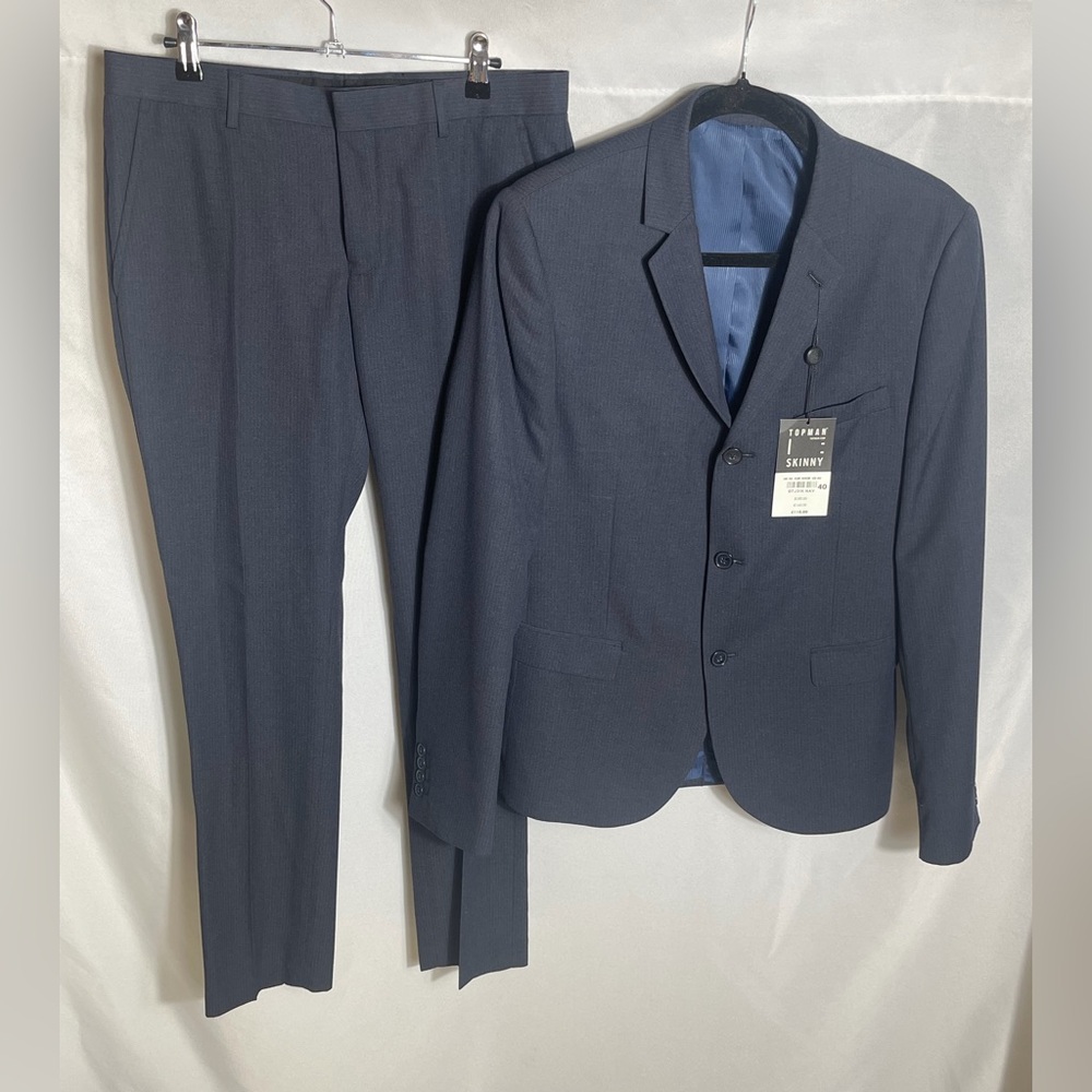 Topman Skinny Navy Suit 40R Jacket 32R Pants Pinstripe Slim Fit Mens Set NWT